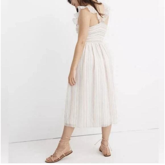 Madewell Women’s Ruffle-Strap Smocked Rainbow Stripe Midi Dress Size M - Picture 2 of 11